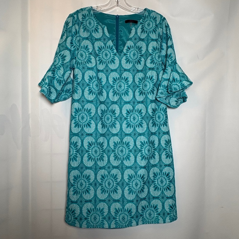Trina Turk Teal Lace Bell Sleeve V Neck Shift Dress Size 6 Boho Casual Mod